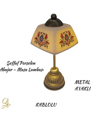 Qtahya Art Abajur-Masa ve Gece Lambası-Dekoratif-El Yapımı-Şeffaf Porselen Şapkalı-Kablolu