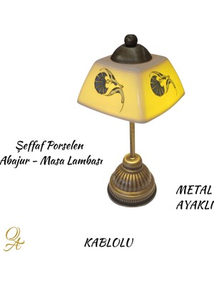 Qtahya Art Abajur-Masa ve Gece Lambası-Dekoratif-El Yapımı-Şeffaf Porselen Şapkalı-Kablolu
