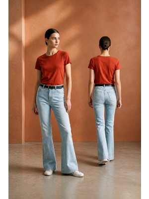 Hies Mavi Kar Ispanyol Jeans, Likralı Esnek Yüksek Bel Ispanyol Paça Bayan Kot Pantolon