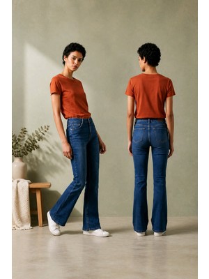 Hies Mavi Ispanyol Jeans, Likralı Esnek Yüksek Bel Ispanyol Paça Bayan Kot Pantolon