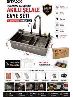 Staxx Power SUS304 Paslanmaz Çelik Akıllı Şelale Mutfak Evyesi 75X45 cm | 8 Fonksiyonlu Ankastre Evye Seti
