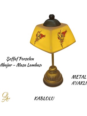 Qtahya Art Abajur-Masa ve Gece Lambası-Dekoratif-El Yapımı-Şeffaf Porselen Şapkalı-Kablolu