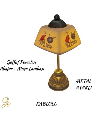 Qtahya Art Abajur-Masa ve Gece Lambası-Dekoratif-El Yapımı-Şeffaf Porselen Şapkalı-Kablolu