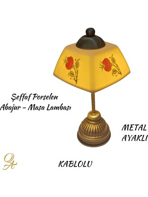 Qtahya Art Abajur-Masa ve Gece Lambası-Dekoratif-El Yapımı-Şeffaf Porselen Şapkalı-Kablolu