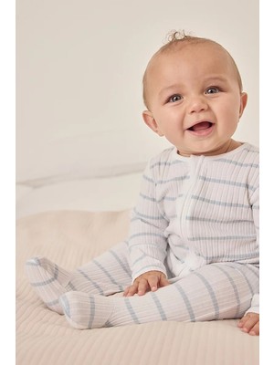 The White Company Organik Pamuk Karışımlı Mavi Çizgili Fitilli Fermuarlı Bebek Uyku Tulumu