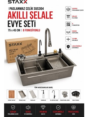 Staxx Power SUS304 Akıllı Şelale Evye Istasyonu 75X45 cm | 8 Fonksiyonlu Premium Ankastre Mutfak Evye Seti