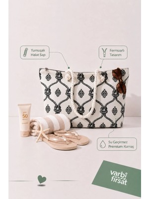 VarBiFırsat Tote Plaj Çantası, Fermuarlı Büyük Boy Alışveriş ve Günlük Omuz Çantası 50X30 cm