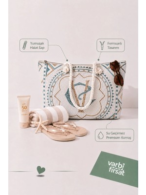 VarBiFırsat Tote Plaj Çantası, Fermuarlı Büyük Boy Alışveriş ve Günlük Omuz Çantası 50X30 cm