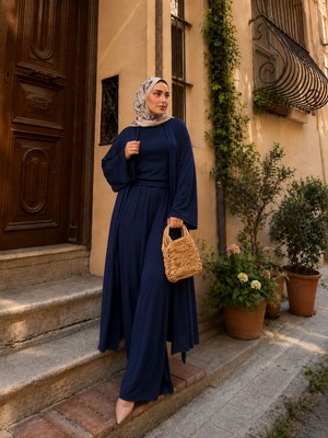 Efulim Womens Kimono-Klosuz Bluz ve Pantolon Lacivert Üçlü Takım