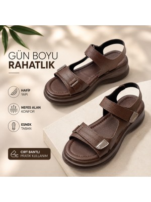 Erdem Store Cırt Bantlı Kadın Sandalet Hakiki Cilt Deri Ortopedik Yüksek Taban Günlük Rahat Anatomik Yazlık