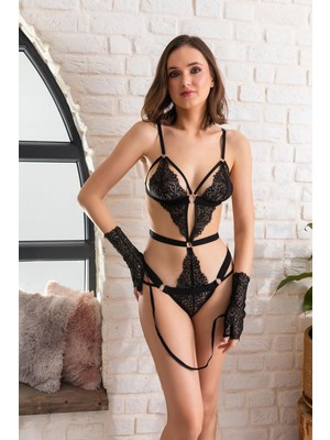 Melonika Fantezi Dantel Badi Eldiven Takım Siyah Mlnk