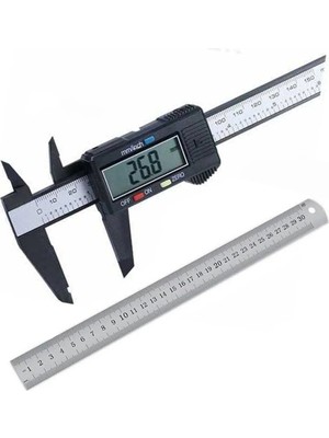 Buççin Online Mağaza Dijital Karbon Fiber Kumpas 150MM (Pil Dahil) + Paslanmaz Çelik Cetvel Çift Taraflı (30CM)