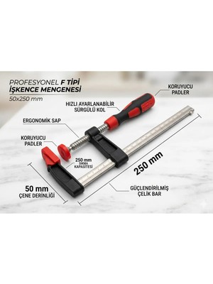 Buççin Online Mağaza Profesyonel F Tipi Işkence Mengenesi 50X250 mm - Ergonomik Saplı Marangoz Sıkıştırma Aleti
