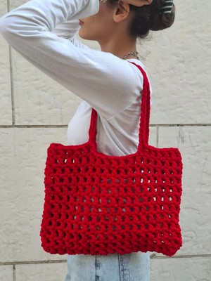 Warasiva Kadın Kırmızı Örme Orta Boy 36×26 cm El Işçiliği Günlük Omuz Çantası