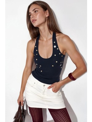 Hiccup Kadınlar Busem Işlemeli Slim Fit Kolsuz Bluz Lacivert