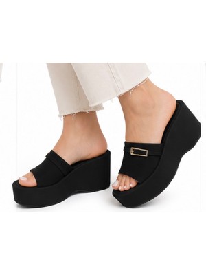 NP.9555.SİYAH Saten Napa Shoe Kadın Dolgu Topuk Platform Terlik – Siyah | Günlük Şıklık ve Konfor