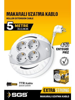 Buççin Online Mağaza SGS2190 Makaralı Uzatma Kablo 4 Lü 5 Metre 3X1MM 3000 Watt