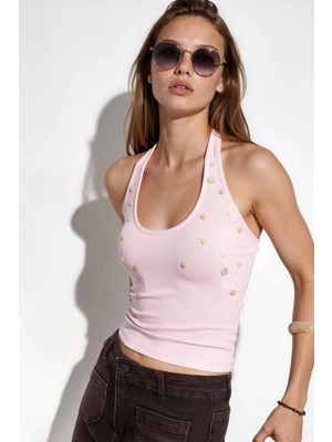 Hiccup Kadınlar Busem Işlemeli Slim Fit Kolsuz Bluz Toz Pembe