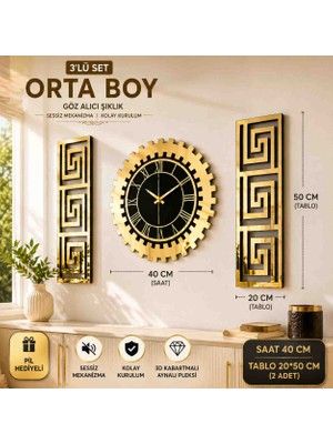 Eyka Store Dekoratif Duvar Saati ve Tablo Seti 3'lü Gold Aynalı Pleksi 3D Kabartmalı Mdf Duvar Dekoru Saat 40 cm Tablo 20X50 cm