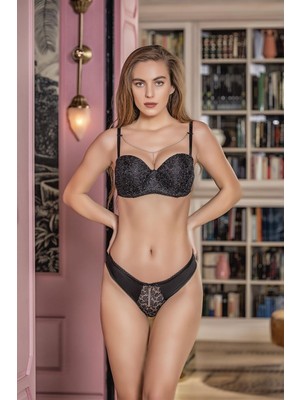 Hobilinka Simli Straplez Lotus Sütyen ve Slip Külot Takım Siyah