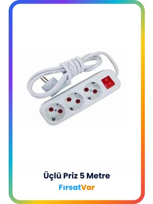 Buççin Online Mağaza Üçlü Priz 5 Metre Kablolu Anahtarlı Düğmeli 3 Lü Topraklı Grup Prizçoğaltıcı Çoklayıcı