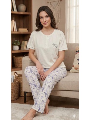 Bursa Pijama Kadın Kısa Kol Altı Uzun Çiçek Desen Ring Viskon Pijama Takımı