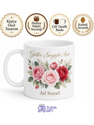 Tupya Gift Isimli Gül Buketi Desenli Baskılı Kupa Bardak Kişiye Özel Hediye