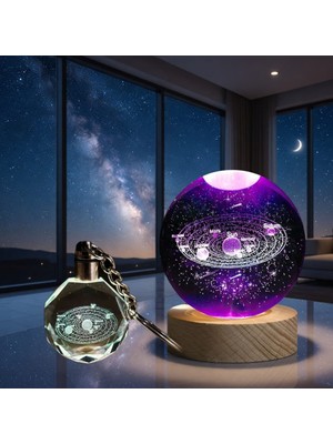 ForWhat Büro Ev Ofis Dekoru Için Renkli Gezegenler Işıklı Cam Küre Gece Lambası Kristal Anahtarlık Seti