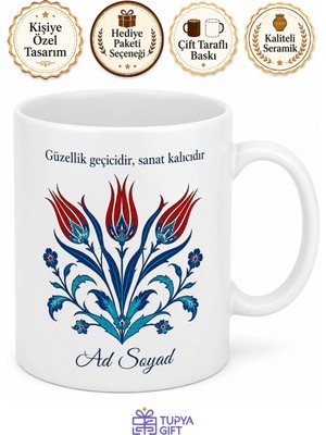 Tupya Gift Lale Motifli Geleneksel Türk Sanatı Dokunuşlu Kupa Bardak Hediye