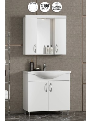 Özceden Yıldız 75 cm Beyaz Mdf Seramik Lavabolu Ayaklı Banyo Dolabı Takımı