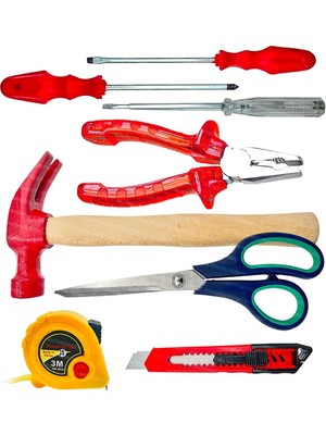 Buççin Online Mağaza 8 Pcs Her Evde Olması Gereken El Aleti Kiti Pense,kontrolkalemi Yıldız Düz, Metre,makas,çekiç