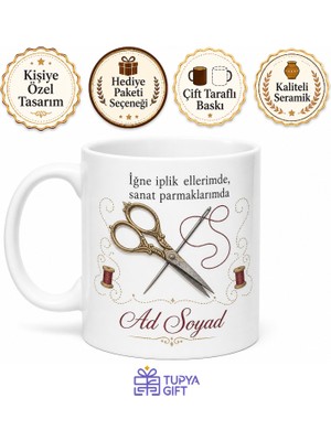 Tupya Gift Terziye Hediye Makas ve Iğne Temalı Göz Nuru Seramik Kupa Bardak