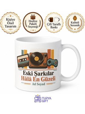 Tupya Gift Retro Nostalji Kaset Atari Pikap Eski Şarkılar Baskılı Porselen Kupa Bardak Hediye