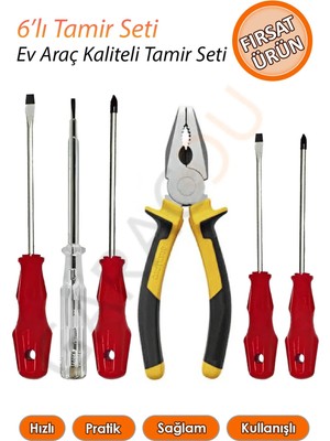 Buççin Online Mağaza Kaliteli Ev Araç Tamir Seti 2 Yıldız 2 Düz Tornavida 1 Kontrol Kalemi 1 Pense Toplam 6 Parça