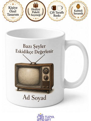 Tupya Gift Eski Tv Temalı Nostaljik Baskılı Kupa Bardak Retro Televizyon Hediye