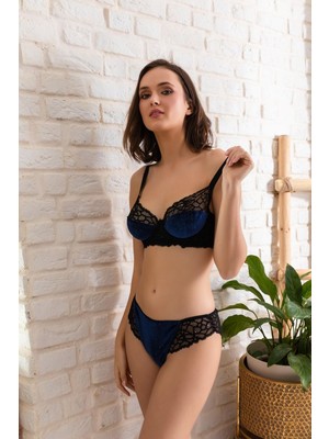 Hace Bazaar Kadife Sütyen ve Slip Külot Takım Lacivert -Hcb