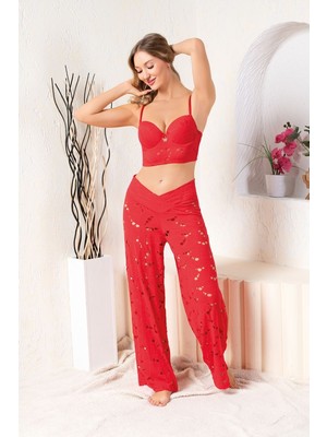 Hace Bazaar Bralet Sütyen, Slip Külot ve Pantolon Takım Kırmızı -Hcb