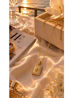 Stainless Steel Gold Renk Dikdörtgen Yıldız Kolye - Zirkon Taşlı Ayarlanabilir Zincir - Kararma Yapmaz