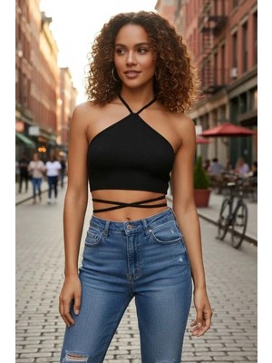 MTM My The Mall Giyim Kadın Siyah Modern Fit Sırtı Açık Boyundan Çapraz Bağlamalı Crop Top Bluz
