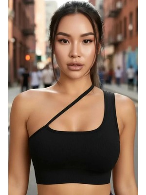 MTM My The Mall Giyim Kadın Siyah Modern Fit Tek Omuzlu Çapraz Askılı Crop Top Büstiyer