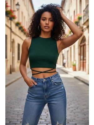 MTM My The Mall Giyim Kadın Yeşil Modern Fit Çapraz Bağlamalı Crop Top Büstiyer