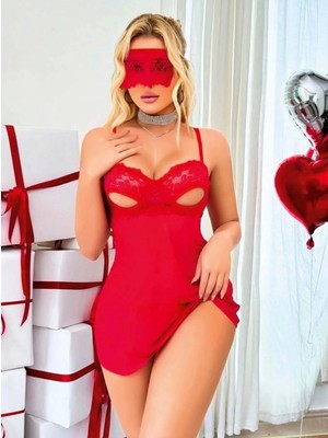 MTM My The Mall Giyim Kadın Kırmızı Tül Detaylı Göz Bantlı Gecelik ve Tanga Takımı Şık Tasarım