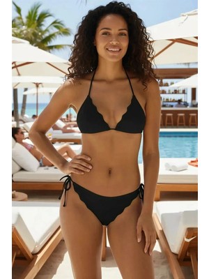 MTM My The Mall Giyim Kadın Siyah Dantel Detaylı Pedli Boyun ve Belden Bağlamalı Bikini Takımı