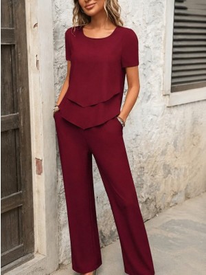 Trend Metkar Kadın Kısa Kollu Kayık Yaka Önü Asimetrik Detaylı Kısa Sandy Bluz ve Pantolon Ikili Takım