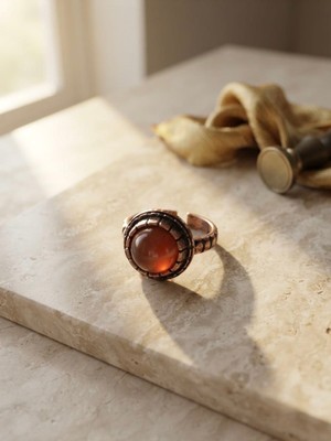 Meneva Aksesuar Turuncu Akik Doğal Taşlı Otantik Işlemeli Bakır Gövde Ayarlanabilir Yüzük