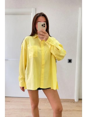 Marsilyan- Oversize Pens Detaylı Cepli Yırtmaçlı Rahat Kalıp Poplin Gömlek - Sarı