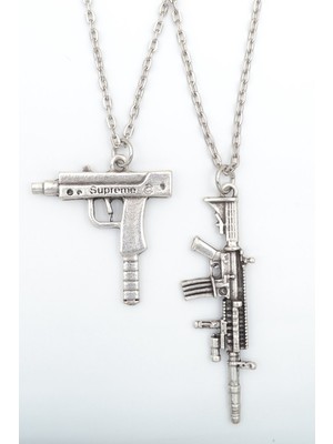 IDR 2'li Uzi - M4  Gümüş Kaplama Kolye Seti
