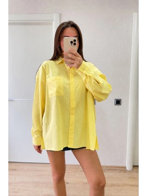 Marsilyan Kadın Oversize Pens Detaylı Cepli Yırtmaçlı Rahat Kalıp Poplin Gömlek - Sarı