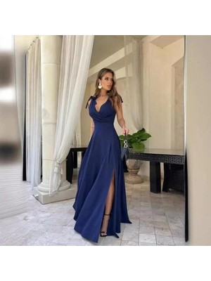 Marsilyan- Kadın Askılı Omuzdan Bağlamalı Kruvaze Yakalı Uzun Yırtmaçlı Janjan Krep Elbise