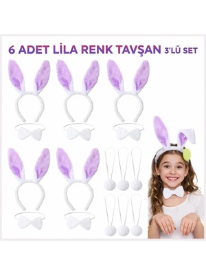 MiraLive Mey Ithalat® Lila Tavşan Sahne Seti 6&amp;#39;lı Set Taç Papyon Kuyruk